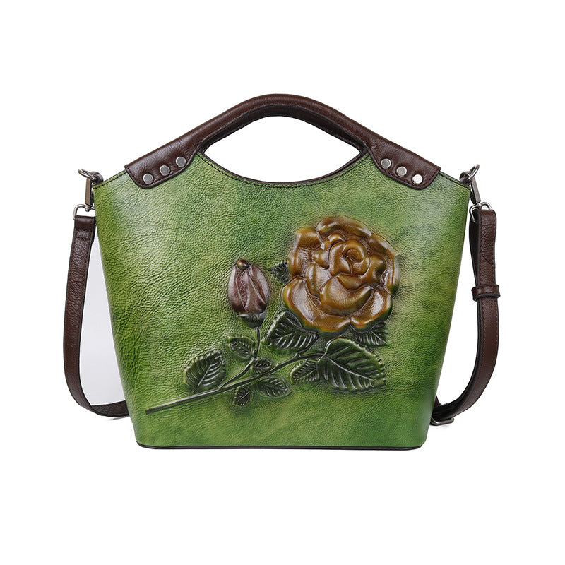 Custom Handmade Large Genuine Embossed 3D Rose Leather Metal Frame Bag purchases