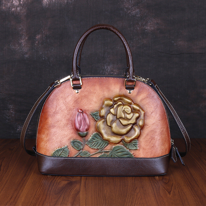 Cowhide Leather Handbag with Embossed Rose