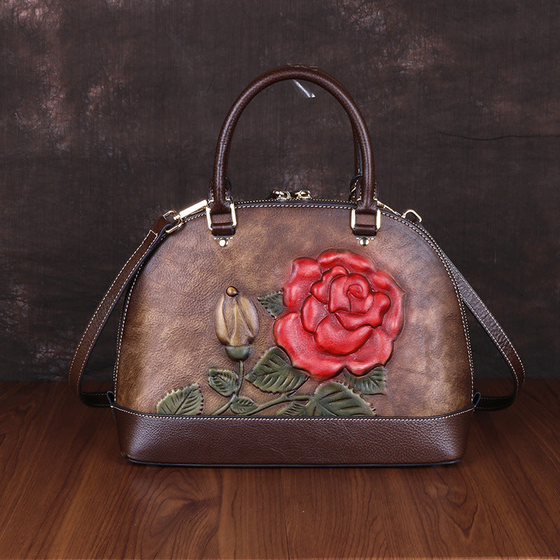 Cowhide Leather Handbag with Embossed Rose