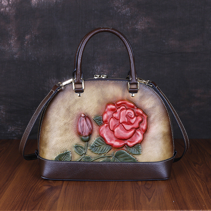 Cowhide Leather Handbag with Embossed Rose