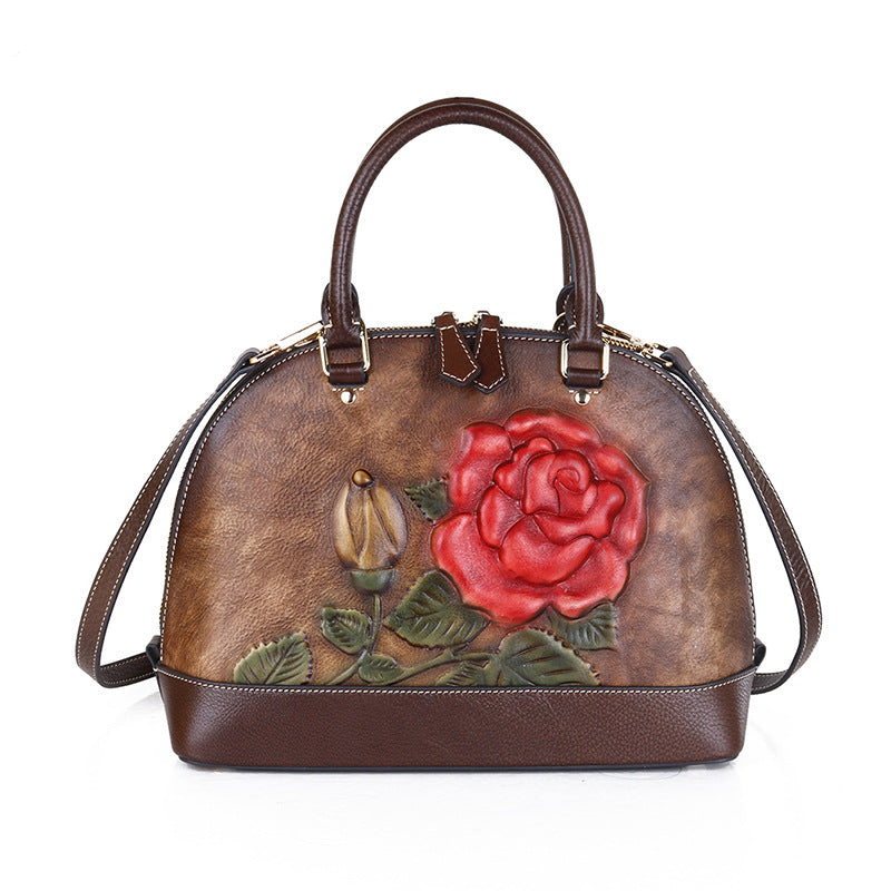 Cowhide Leather Handbag with Embossed Rose