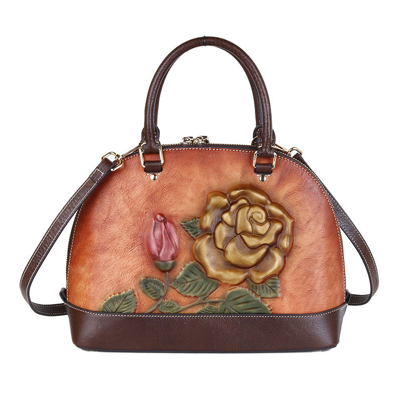 Cowhide Leather Handbag with Embossed Rose