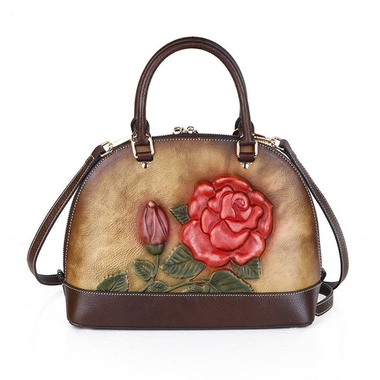 Cowhide Leather Handbag with Embossed Rose